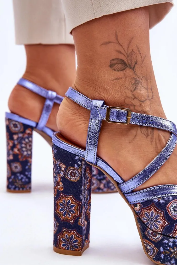 Damskie Maciejka Skórzane Sandały Na Obcasie 06084-17 Granatowe