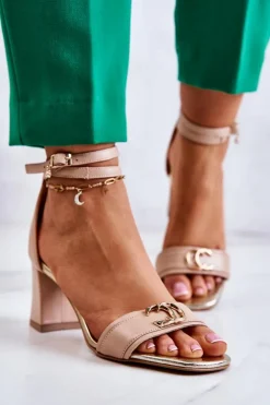 Damskie Laura Messi Skórzane Sandały Na Obcasie 2425 Beżowe