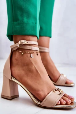 Damskie Laura Messi Skórzane Sandały Na Obcasie 2425 Beżowe