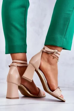 Damskie Laura Messi Skórzane Sandały Na Obcasie 2425 Beżowe