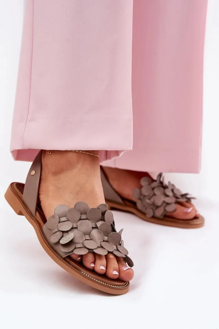 Zazoo Sandały Płaskie*Skórzane Sandały Na Płaskim Obcasie 40425 Ciemnobeżowe