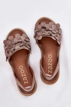 Zazoo Sandały Płaskie*Skórzane Sandały Na Płaskim Obcasie 40425 Ciemnobeżowe