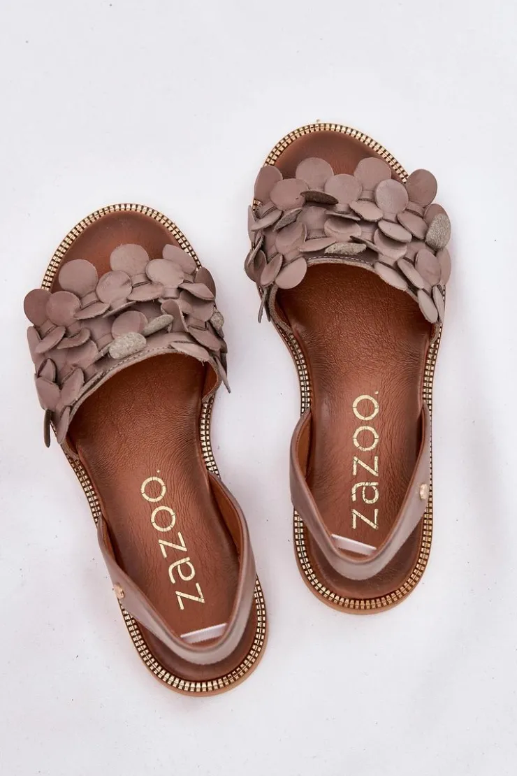 Zazoo Sandały Płaskie*Skórzane Sandały Na Płaskim Obcasie 40425 Ciemnobeżowe