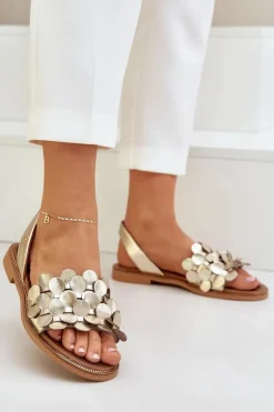 Damskie Zazoo Skórzane Sandały Na Płaskim Obcasie 40425 Złote