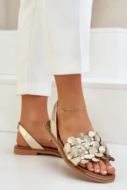 Damskie Zazoo Skórzane Sandały Na Płaskim Obcasie 40425 Złote