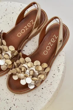 Damskie Zazoo Skórzane Sandały Na Płaskim Obcasie 40425 Złote