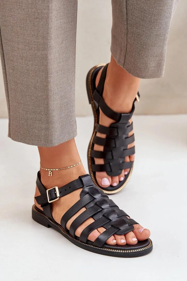 Best Boto Skórzane Sandały Na Płaskim Obcasie Zazoo 3686 Czarne Czarny