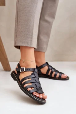 Best Boto Skórzane Sandały Na Płaskim Obcasie Zazoo 3686 Czarne Czarny