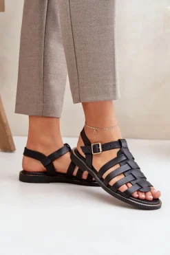 Best Boto Skórzane Sandały Na Płaskim Obcasie Zazoo 3686 Czarne Czarny