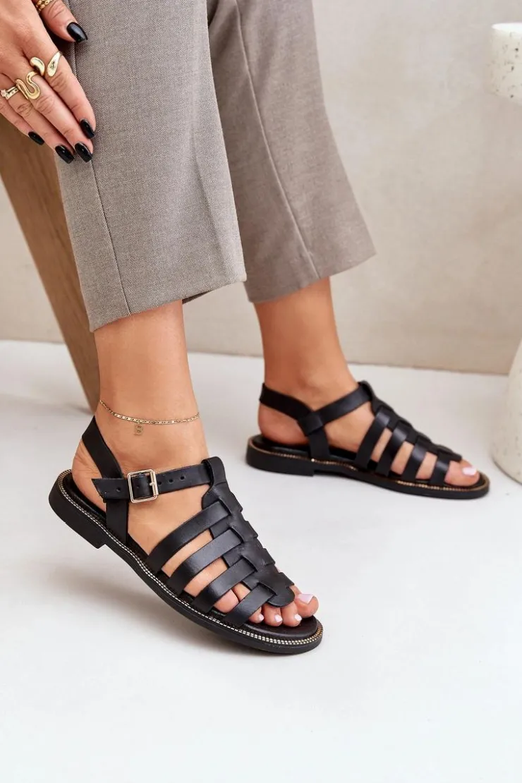 Best Boto Skórzane Sandały Na Płaskim Obcasie Zazoo 3686 Czarne Czarny