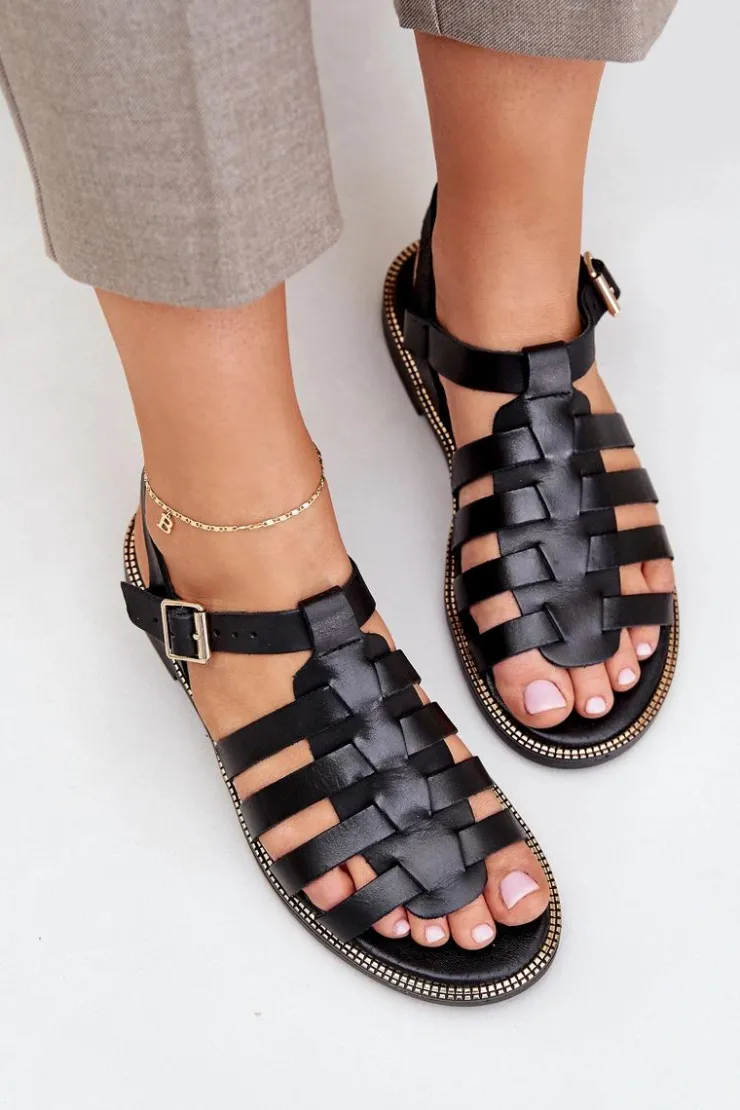 Best Boto Skórzane Sandały Na Płaskim Obcasie Zazoo 3686 Czarne Czarny