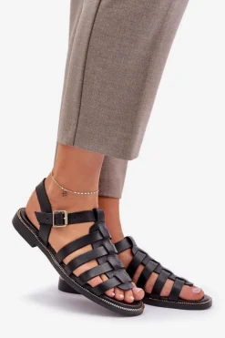 Best Boto Skórzane Sandały Na Płaskim Obcasie Zazoo 3686 Czarne Czarny