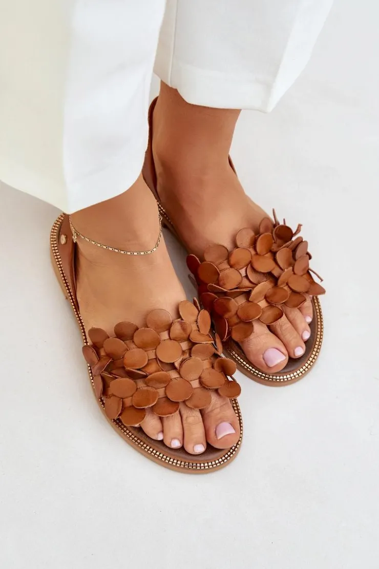 Zazoo Sandały Płaskie*Skórzane Sandały Na Płaskim Obcasie 40425 Brązowe