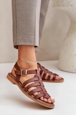 Boto Sandały Płaskie*Skórzane Sandały Na Płaskim Obcasie Zazoo 3686 Brązowe Brązowy