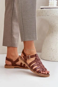 Boto Sandały Płaskie*Skórzane Sandały Na Płaskim Obcasie Zazoo 3686 Brązowe Brązowy