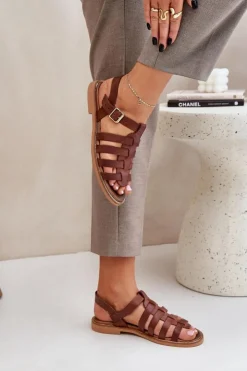 Boto Sandały Płaskie*Skórzane Sandały Na Płaskim Obcasie Zazoo 3686 Brązowe Brązowy