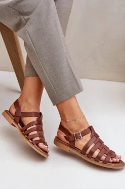 Boto Sandały Płaskie*Skórzane Sandały Na Płaskim Obcasie Zazoo 3686 Brązowe Brązowy