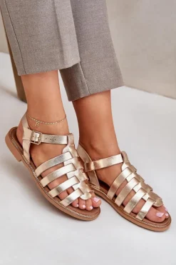 Online Boto Skórzane Sandały Na Płaskim Obcasie Zazoo 3686 Złote Złoty