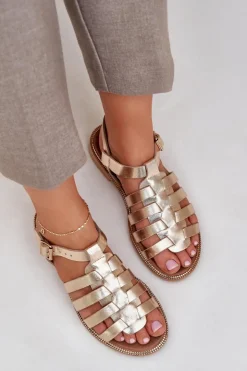 Online Boto Skórzane Sandały Na Płaskim Obcasie Zazoo 3686 Złote Złoty