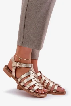 Online Boto Skórzane Sandały Na Płaskim Obcasie Zazoo 3686 Złote Złoty