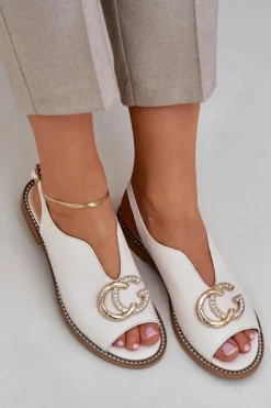 Laura Messi Sandały Płaskie*Skórzane Sandały Na Płaskim Obcasie Z Ozdobą 2865 Jasnobeżowe Beżowy