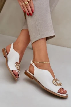 Laura Messi Sandały Płaskie*Skórzane Sandały Na Płaskim Obcasie Z Ozdobą 2865 Jasnobeżowe Beżowy