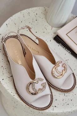 Laura Messi Sandały Płaskie*Skórzane Sandały Na Płaskim Obcasie Z Ozdobą 2865 Jasnobeżowe Beżowy