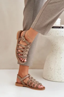 Damskie Boto Skórzane Sandały Na Płaskim Obcasie Zazoo 3686 Ciemnobeżowe