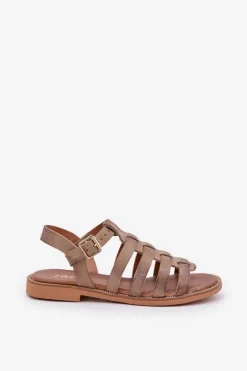 Damskie Boto Skórzane Sandały Na Płaskim Obcasie Zazoo 3686 Ciemnobeżowe