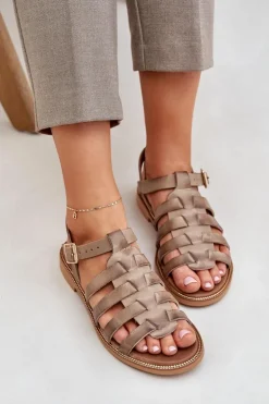 Damskie Boto Skórzane Sandały Na Płaskim Obcasie Zazoo 3686 Ciemnobeżowe