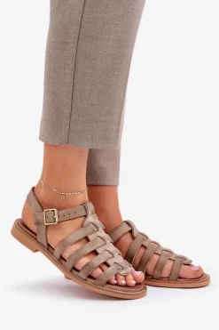 Damskie Boto Skórzane Sandały Na Płaskim Obcasie Zazoo 3686 Ciemnobeżowe