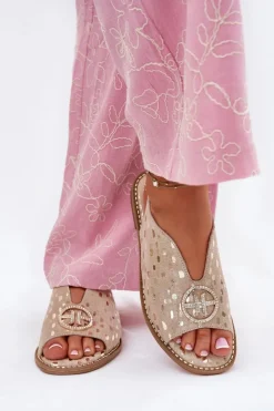 Damskie buty S.Barski Sandały Płaskie*Skórzane Sandały Na Płaskim Obcasie Z Ozdobą S.Barski KV51-094 Złote Złoty