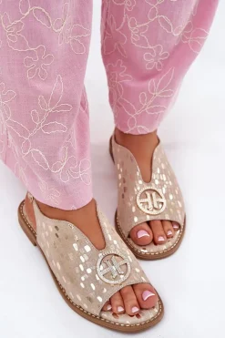 Damskie buty S.Barski Sandały Płaskie*Skórzane Sandały Na Płaskim Obcasie Z Ozdobą S.Barski KV51-094 Złote Złoty