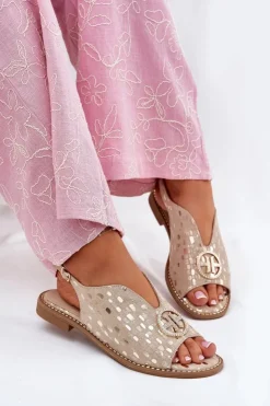 Damskie buty S.Barski Sandały Płaskie*Skórzane Sandały Na Płaskim Obcasie Z Ozdobą S.Barski KV51-094 Złote Złoty