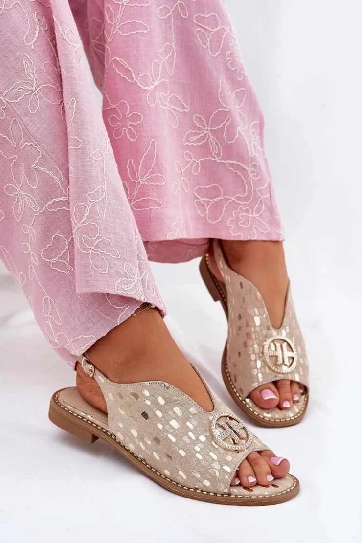 Damskie buty S.Barski Sandały Płaskie*Skórzane Sandały Na Płaskim Obcasie Z Ozdobą S.Barski KV51-094 Złote Złoty