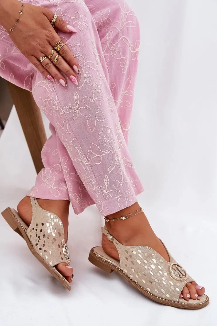 Damskie buty S.Barski Sandały Płaskie*Skórzane Sandały Na Płaskim Obcasie Z Ozdobą S.Barski KV51-094 Złote Złoty