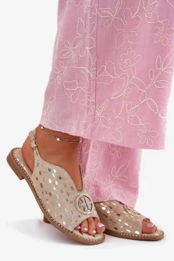 Damskie buty S.Barski Sandały Płaskie*Skórzane Sandały Na Płaskim Obcasie Z Ozdobą S.Barski KV51-094 Złote Złoty