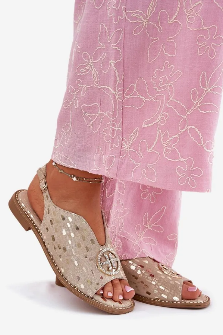 Damskie buty S.Barski Sandały Płaskie*Skórzane Sandały Na Płaskim Obcasie Z Ozdobą S.Barski KV51-094 Złote Złoty