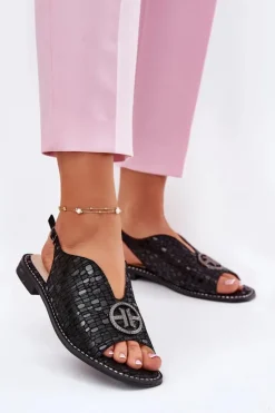 Hot Damskie buty S.Barski Skórzane Sandały Na Płaskim Obcasie Z Ozdobą S.Barski KV51-094 Czarne Czarny