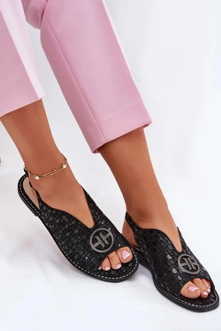 Hot Damskie buty S.Barski Skórzane Sandały Na Płaskim Obcasie Z Ozdobą S.Barski KV51-094 Czarne Czarny