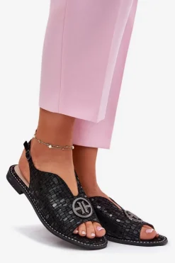 Hot Damskie buty S.Barski Skórzane Sandały Na Płaskim Obcasie Z Ozdobą S.Barski KV51-094 Czarne Czarny