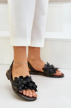 Zazoo Sandały Płaskie*Skórzane Sandały Na Płaskim Obcasie 40425 Czarne Czarny