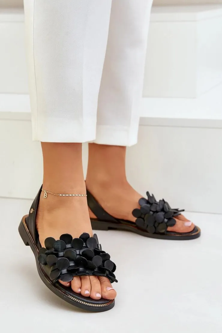 Zazoo Sandały Płaskie*Skórzane Sandały Na Płaskim Obcasie 40425 Czarne Czarny