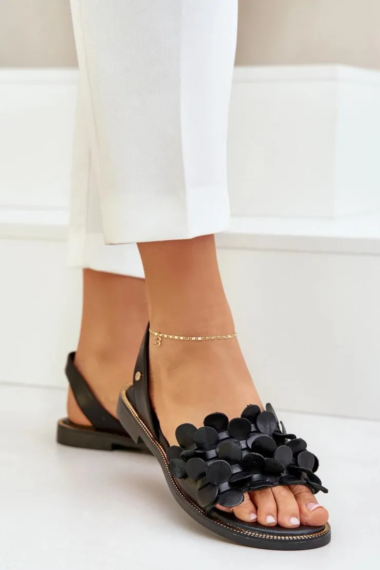 Zazoo Sandały Płaskie*Skórzane Sandały Na Płaskim Obcasie 40425 Czarne Czarny