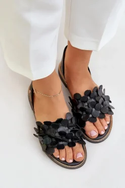 Zazoo Sandały Płaskie*Skórzane Sandały Na Płaskim Obcasie 40425 Czarne Czarny