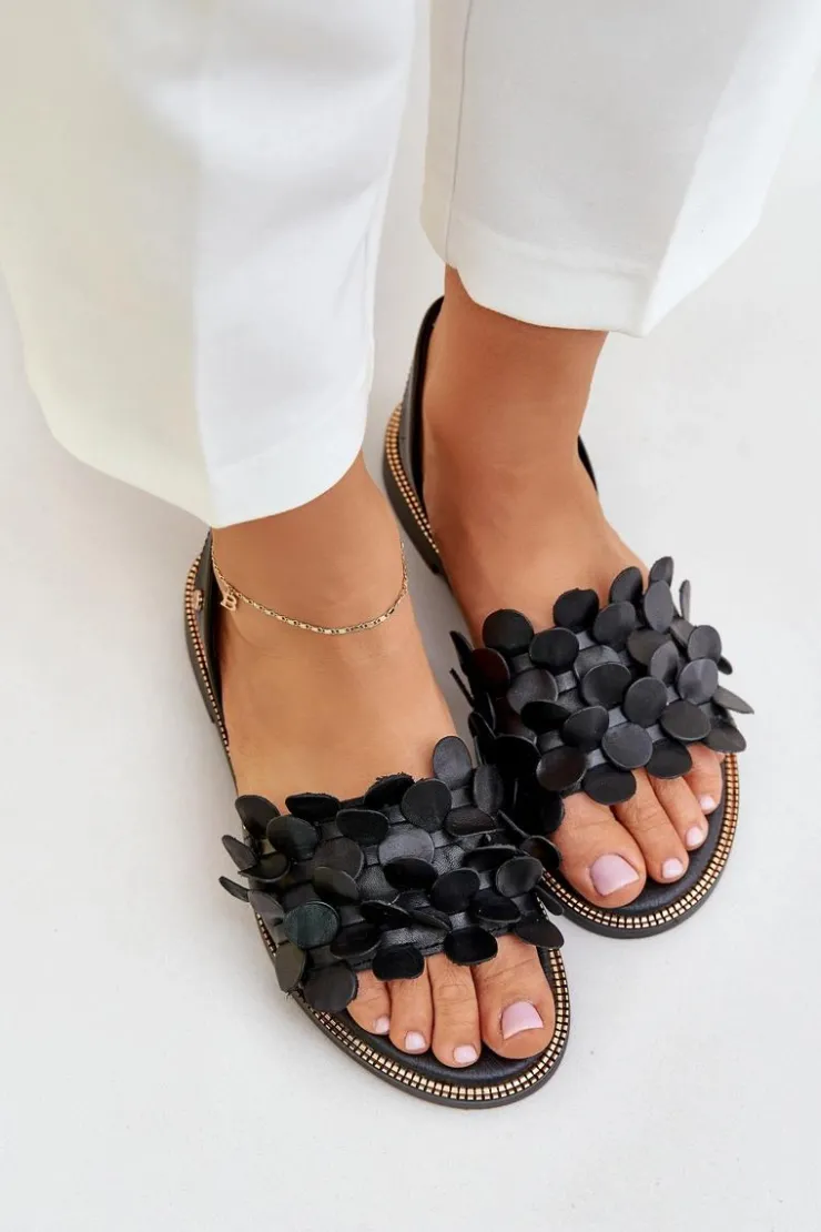 Zazoo Sandały Płaskie*Skórzane Sandały Na Płaskim Obcasie 40425 Czarne Czarny