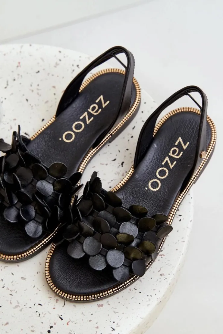 Zazoo Sandały Płaskie*Skórzane Sandały Na Płaskim Obcasie 40425 Czarne Czarny