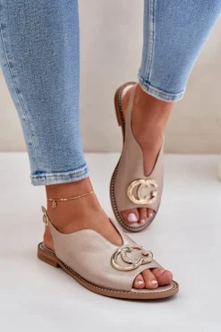 Damskie Laura Messi Skórzane Sandały Na Płaskim Obcasie Z Ozdobą 2865 Złote