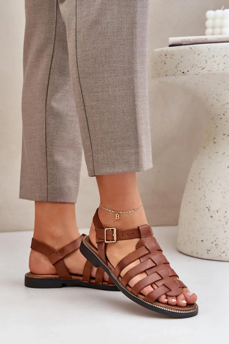 Damskie Boto Skórzane Sandały Na Płaskim Obcasie Zazoo 3686 Camel