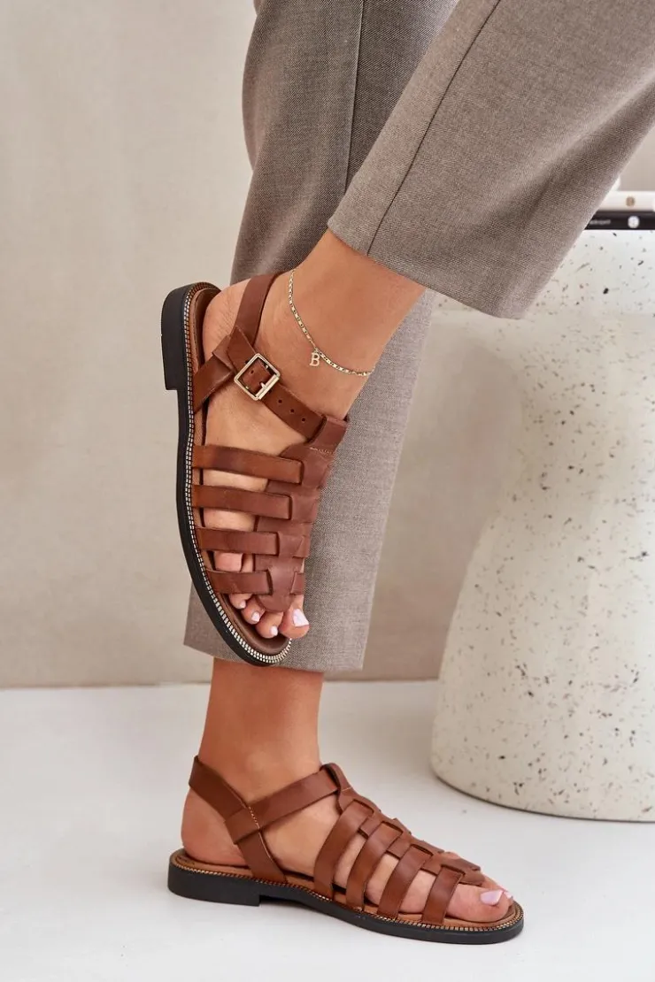 Damskie Boto Skórzane Sandały Na Płaskim Obcasie Zazoo 3686 Camel